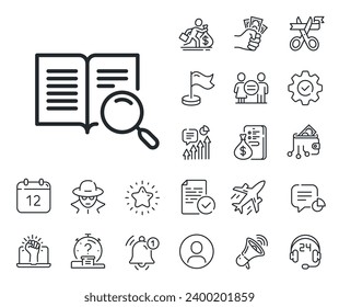 Find word sign. Salaryman, gender equality and alert bell outline icons. Search text line icon. Open book symbol. Search text line sign. Spy or profile placeholder icon. Online support, strike. Vector