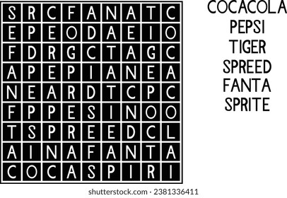 Find words in a table on the names of drinks item, crosswords puzzle game for children of any age. 