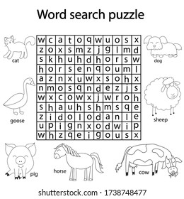Find words in a table on the theme pets, crosswords puzzle game for children of any age. Activity worksheet printable version. Vector hand drawn illustration. Kids black and white activity