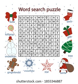 Find words in a table on the theme xmas, crosswords puzzle game for children of any age. Activity worksheet printable version. Vector hand drawn illustration. Children's Christmas game