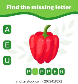 Find and write the missing letter. Worksheet for education. Mini-game for children. Vector illustration with a red pepper.