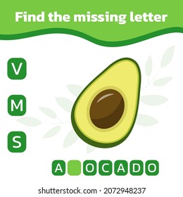 Find and write the missing letter. Worksheet for education. Mini-game for children. Vector illustration with an avocado .