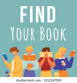 Find your book social media post mockup. Bookcrossing. Bookshop. Advertising web banner design template. Social media booster, content layout. Promotion poster, print ads with flat illustrations