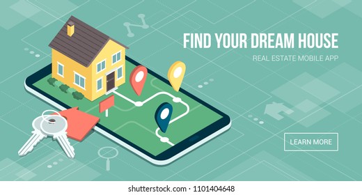 Find Your Dream Home: Model House On A Map, House Keys And Icons, Real Estate Mobile App