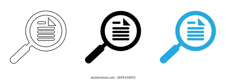 Encuentre sus archivos rápidamente con el ícono de la lupa de búsqueda, el documento con el contorno de la lupa y el conjunto de íconos de silueta. Colección de símbolos de estudio e investigación. Formulario de aplicación, íconos de trazo editables