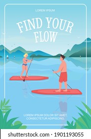 Find your flow poster flat vector template. Different summer activities during holidays. Brochure, booklet one page concept design with cartoon characters. Water sports equipment flyer, leaflet