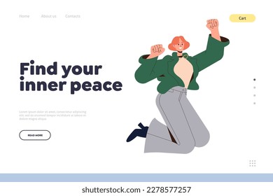 Find your inner peace landing page template. Happy woman with smile on face and positive thinking in jump choosing wellness and mind balance, healthy lifestyle and enlightenment. Vector illustration