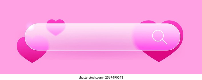 Find your love online service. Glass morphism search panel with hearts on pink background