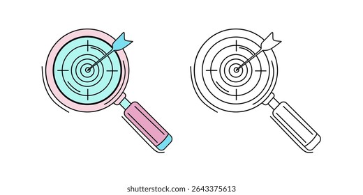 Encontre sua marca com esta lupa e ícone de destino. Perfeito para SEO, foco, definição de metas e encontrar soluções. Ilustração vetorial.