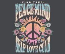 Find Your Peace Of Mind. Peace Sign With Sun Graphic Print Design For T-shirt. Flower And Butterfly Artwork Design.