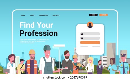 find your profession website landing page template different occupation workers standing together