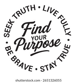 Encontre seu propósito, procure a verdade, viver plenamente, permanecer verdadeiro, ser corajoso, citação de design inspiradora, citações motivacionais, tipografia ilustração citações de letras