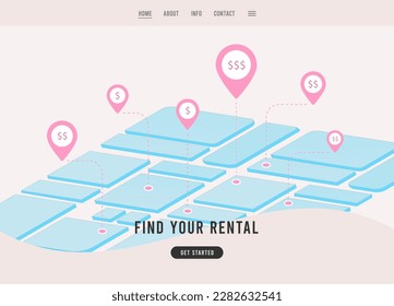 Find your rental - Gentrification and relocation landing page template concept. Map with red pins located on it with the price indicated in dollars