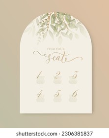 Find your seat wedding card with green watercolor botanical leaves. Abstract floral art background vector design