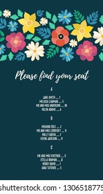 Find your seat wedding invitation card with flat flower frame background, hand drawn floral elements label. Vector design template, isolated. Save the date welcome card in trendy and fashion colours.
