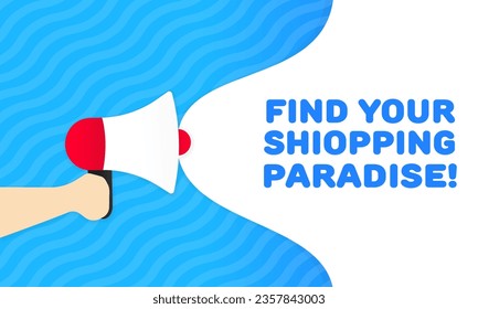 Find your shopping paradise. Flat, blue, advertising icon, find your shopping paradise. Vector icon