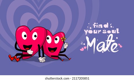 Find Your Soul Mate. Heart Shaped Love Face. Hand Drawn Trendy Traditional Cartoon Vector Illustration