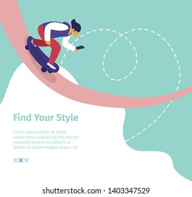 Find Your Style Square Banner. Young Man Blogger Ride Skateboard with Smartphone Creating Content for Blog, Posting in Social Media Network, Online Streaming Blogging. Cartoon Flat Vector Illustration