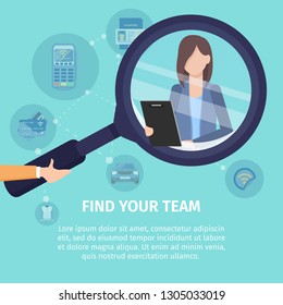 Find Your Team Flat Vector Square Advertising Banner. Recruiting Agency, Employment Service Prom Poster Template. Human Hand Holding Magnifying Glass, Magnifying Businesswoman with Tablet Illustration