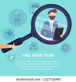 Find Your Team Flat Vector Square Ad Banner. Recruitment Company, Employment Agency Promotion Poster Template. Human Hand Holding Magnifying Glass, Magnifying Businessman or Office Worker Illustration