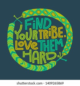 Find your tribe, love them hard. Colorful lettering quote framed with friendship bracelets. Friends concept. Round print for T-shirt, pin badge, other merchandise.