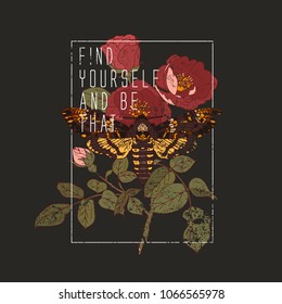 Find yourself and be that slogan. Butterfly with rose. Rock and roll girl patch. Typography graphic print, fashion drawing for t-shirts. Vector stickers,print, patches vintage