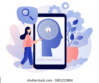 Find yourself and maze in smartphone screen. Personal growth. Tiny girl that self-improvement, self development. Metaphor growth personality as plant. Modern flat cartoon style. Vector illustration