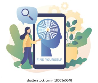 Find yourself and maze in smartphone screen. Tiny girl that self-improvement, self development. Personal growth. Metaphor growth personality as plant. Modern flat cartoon style. Vector illustration