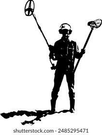 Finder with metal detector and scoop.The treasure hunter raised his equipment above his head. A dark silhouette against a white background.