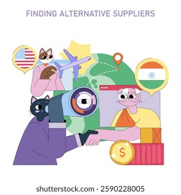 Finding alternative suppliers as a key strategy for businesses in a global market. This illustration captures the process of evaluating options, featuring elements like international connections