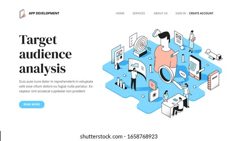 Finding and analyzing the target audience in the app development process. Gathering user's data & market research. Isometric outline spot illustration for landing page, web or printed materials