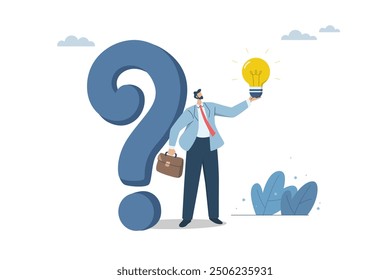 Finding answers to business questions or problems, Generating creative ideas to solve big problems for an organization or company, Businessman holding a light bulb with a big question mark. Vector.