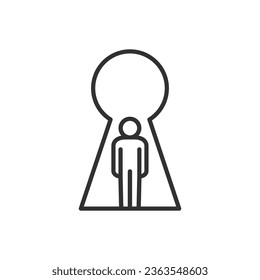 Finding the approach to a person, finding the key to a person, linear icon. The man in the keyhole. Line with editable stroke