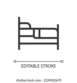 Finding bed to sleep pixel perfect linear ui icon. Rest area and hotel. Homeless shelter. GUI, UX design. Outline isolated user interface element for app and web. Editable stroke. Arial font used