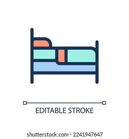 Encontrar la cama para dormir píxel perfecto color RGB ui icono. Habitación de hotel. Refugio. Elemento de línea simple rellenado. GUI, diseño UX para aplicación móvil. Pictograma aislado del vector. Trazo editable. Tipo de letra arial utilizado