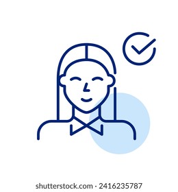 Encontrar el mejor candidato para llenar las vacaciones. Joven con camisa formal con marca de verificación. Icono de trazo de píxeles perfecto, modificable