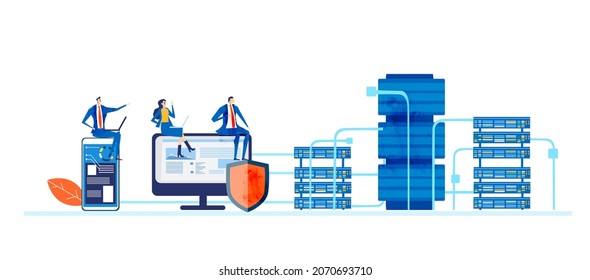 Finding the best solution. Group of successful business people working in server room. Technology, big data, personal  protection, internet security concept. 