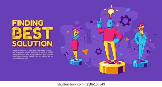 Finding best solution poster with thinking characters and person having creative idea. Vector banner in contemporary style with illustration of people brainstorm, teamwork and innovation