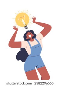 Encontrar un concepto de idea brillante. Lluvia de ideas y perspicacia. Solución perfecta al problema. Mujer con bombilla. Afiche o pancarta. Dibujo vectorial plano de dibujos animados aislado en fondo blanco