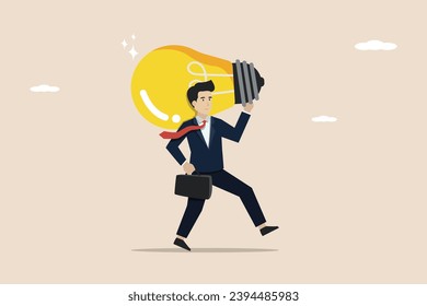 Finding a brilliant Idea, innovation or inspiration to start a new business, effort or inspiration for creativity idea concept, smart businessman brings a big idea light bulb.