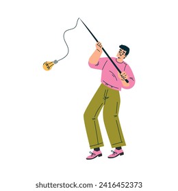 Finding Brilliant Idea with Man Character Catch Lightbulb with Fishing Rod Vector Illustration