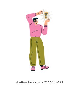 Encontrar una idea brillante con un personaje de hombre de pie con una ilustración del vector Lightbulb