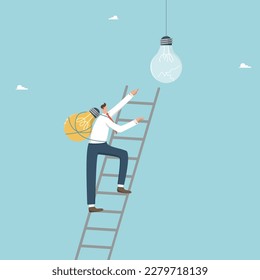 Finding a brilliant idea to start a business or solve a complex problem, a creative approach to achieving goals, a man with a new light bulb on his back climbs the ladder to the burnt out light bulb.