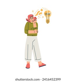 Finding Brilliant Idea with Woman Character Standing with Lightbulb Vector Illustration