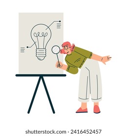 Finding Brilliant Idea with Woman Character at Whiteboard with Lightbulb Hold Magnifier Vector Illustration