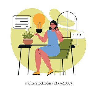 Finding brilliant ideas. Creative woman sitting in workplace and looking for new solutions and methods. Character holding light bulb. Brainstorming and thinking. Cartoon flat vector illustration