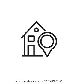 Finding building line icon. House, property, map pointer. Destination concept. Vector illustration can be used for topics like digital map, local searching, guide
