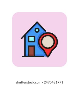 Buscando icono de línea de construcción. Casa, propiedad, puntero de mapa. Concepto de destino. La Ilustración vectorial se puede utilizar para temas como mapa digital, búsqueda local, guía