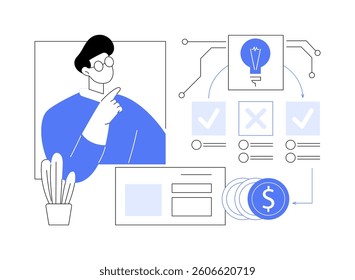 Finding business model isolated cartoon vector illustrations. Young IT specialist thinking about new startup project in office, shares business strategy, makes a research vector cartoon.