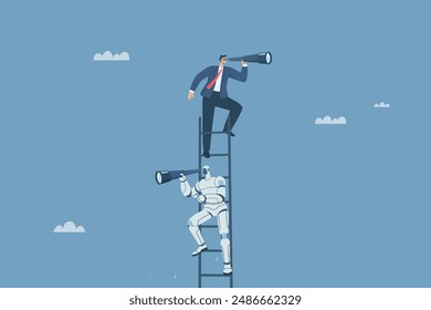 Finding business success opportunities with the use of artificial intelligence, AI support, Business leader climbing stairs using binoculars to search for new business goals with robots.